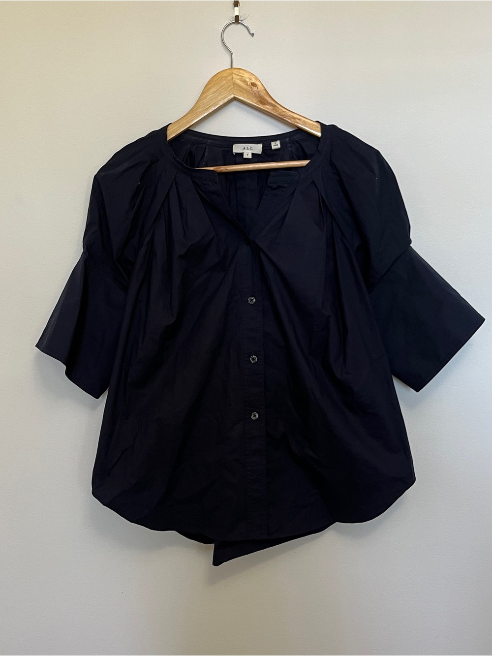 A.L.C. Top Womens Sz 0 Navy Blue Chloe Oversized Cotton Poplin Puff Sleeves Work - Picture 4 of 6
